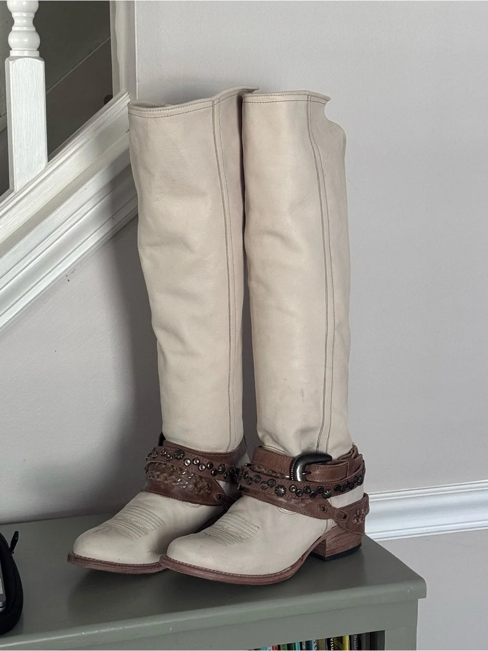 Freebird by Steven Cream Over-the-Knee Leather Boots with Brown Studded Strap